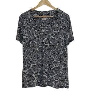 JM Collection Black and White Floral Print Top, Large